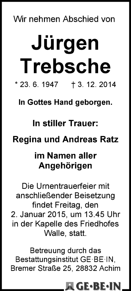 Traueranzeige von Jürgen Trebsche von WESER-KURIER