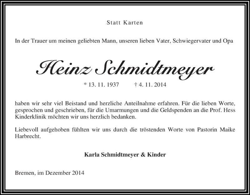 Traueranzeige von Heinz Schmidtmeyer von WESER-KURIER