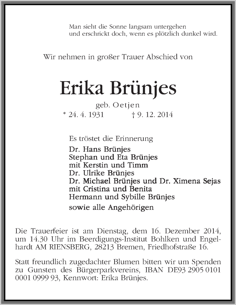 Traueranzeige von Erika Brünjes von WESER-KURIER