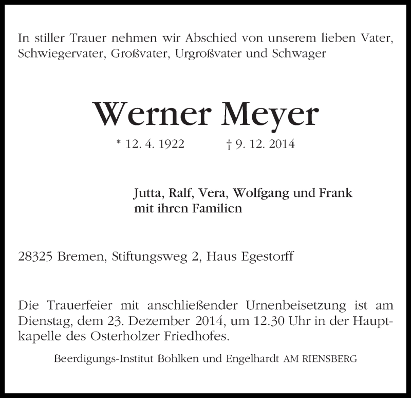 Traueranzeige von Werner Meyer von WESER-KURIER