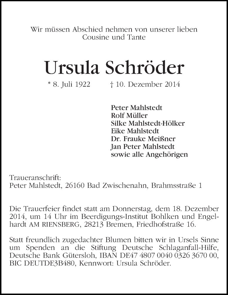 Traueranzeige von Ursula Schröder von WESER-KURIER