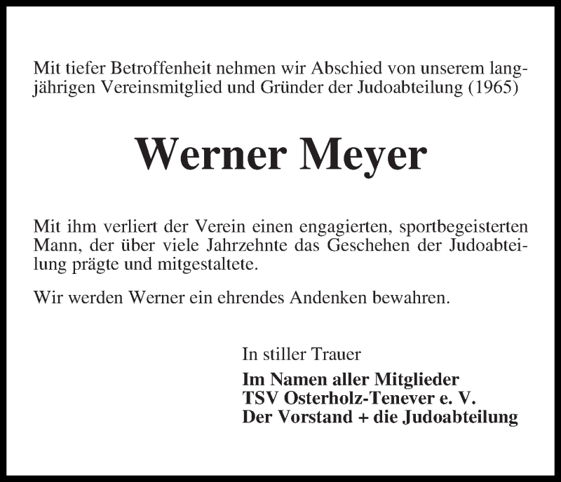 Traueranzeige von Werner Meyer von WESER-KURIER