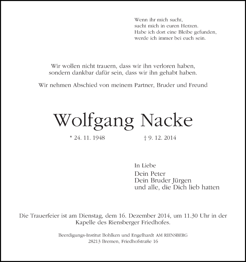 Traueranzeige von Wolfgang Nacke von WESER-KURIER