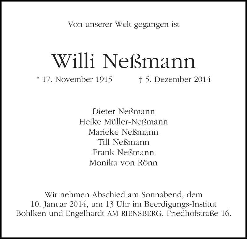 Traueranzeige von Willi Neßmann von WESER-KURIER