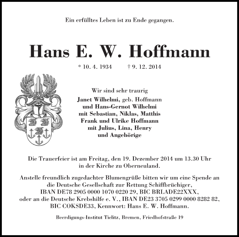 Traueranzeige von Hans E. W. Hoffmann von WESER-KURIER