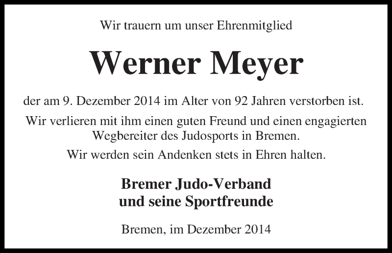 Traueranzeige von Werner Meyer von WESER-KURIER
