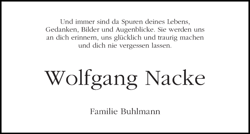 Traueranzeige von Wolfgang Nacke von WESER-KURIER