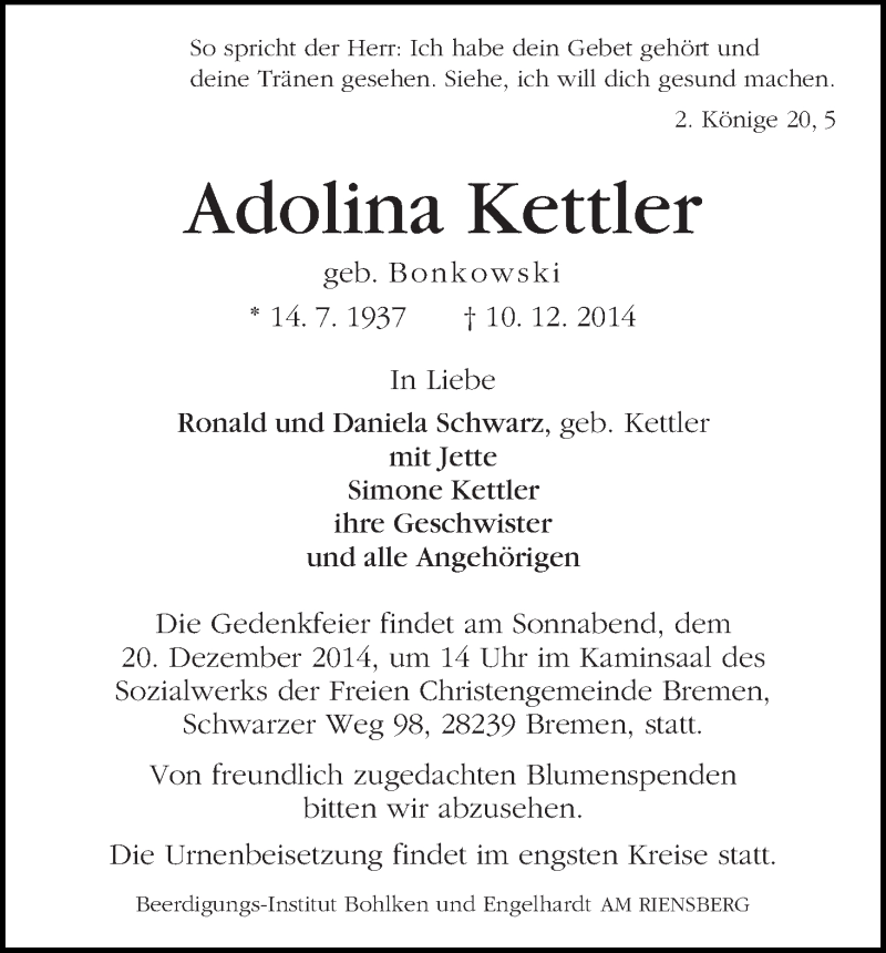 Traueranzeige von Adolina Kettler von WESER-KURIER