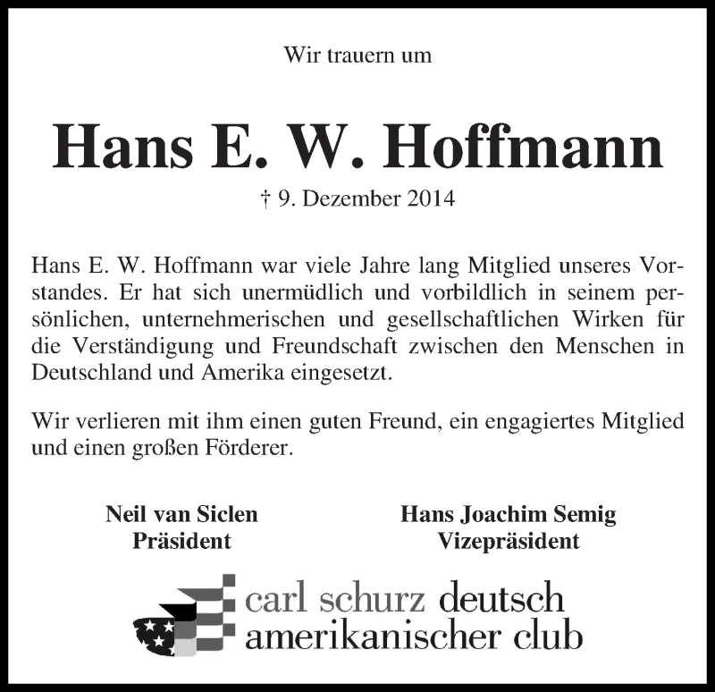 Traueranzeige von Hans E. W. Hoffmann von WESER-KURIER