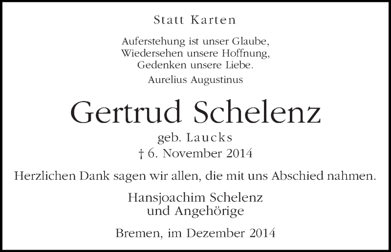 Traueranzeige von Gertrud Schelenz von WESER-KURIER