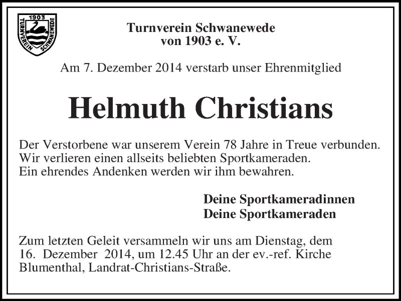 Traueranzeige von Helmuth Christians von Die Norddeutsche