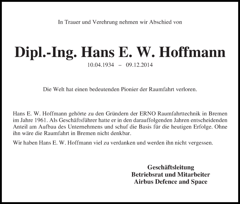 Traueranzeige von Hans E. W. Hoffmann von WESER-KURIER