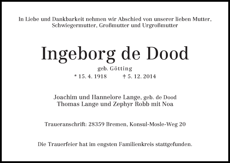 Traueranzeige von Ingeborg de Dood von WESER-KURIER