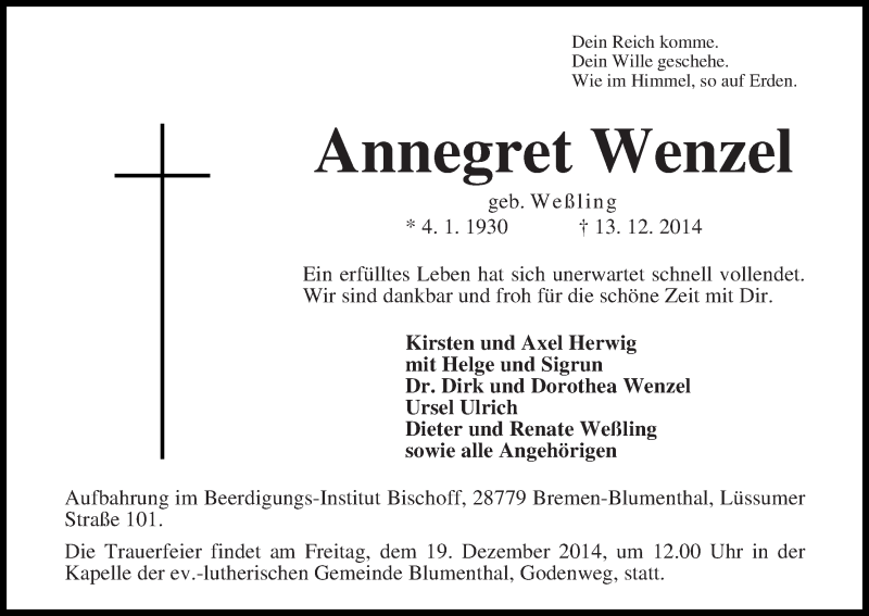 Traueranzeige von Annegret Wenzel von Die Norddeutsche