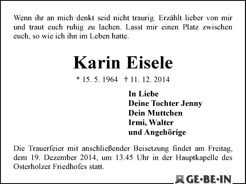 Traueranzeige von Karin Eisele von WESER-KURIER