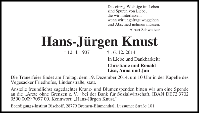 Traueranzeige von Hans-Jürgen Knust von Die Norddeutsche