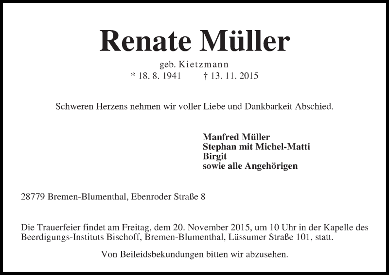 Traueranzeige von Renate Müller von Die Norddeutsche