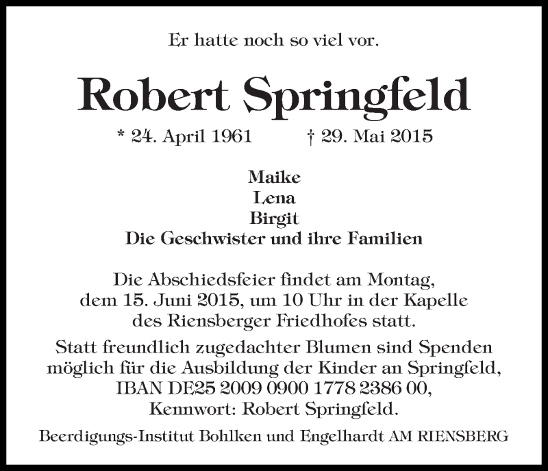 Traueranzeige von Robert Springfeld von WESER-KURIER