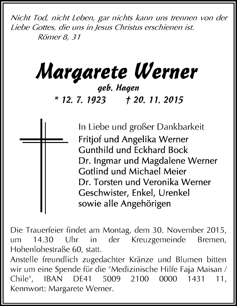 Traueranzeige von Margarete Werner von WESER-KURIER
