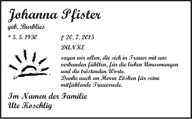 Traueranzeige von Johanna Pfister von WESER-KURIER