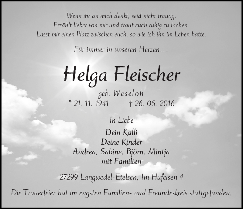 Traueranzeige von Helga Fleischer von WESER-KURIER