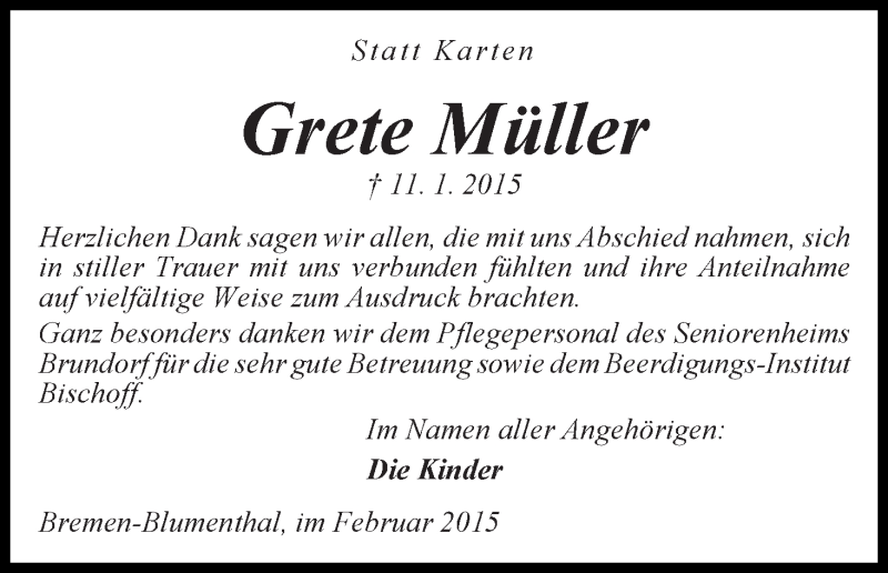 Traueranzeige von Grete Müller von Die Norddeutsche