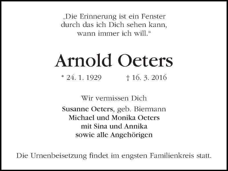 Traueranzeige von Arnold Oeters von WESER-KURIER
