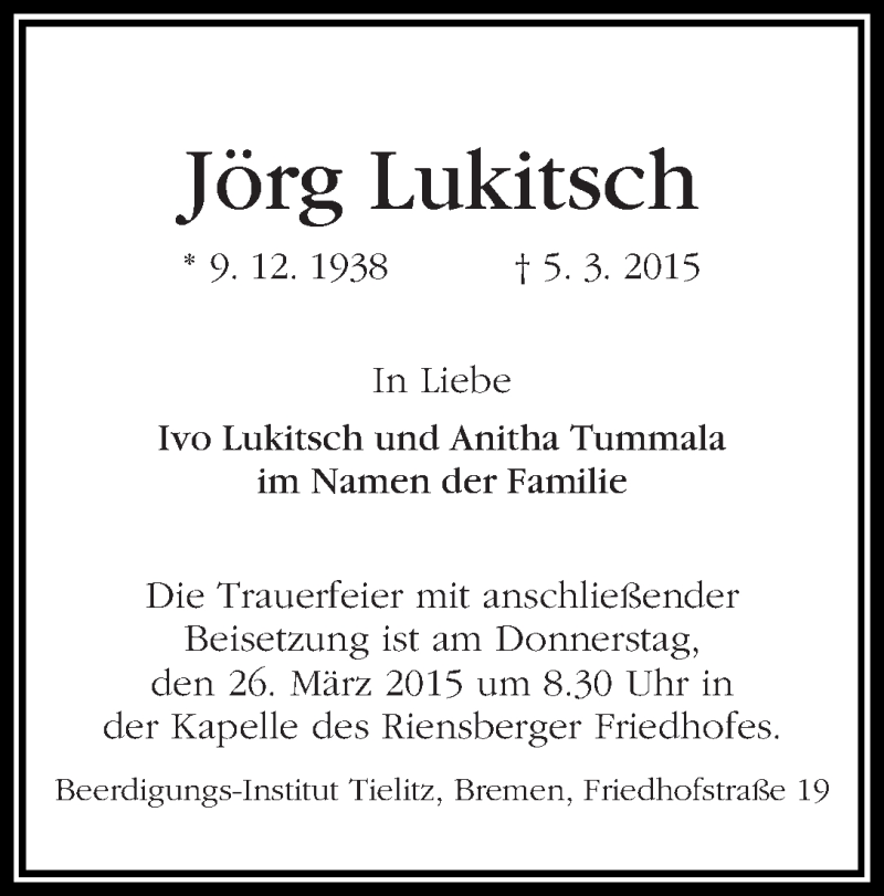 Traueranzeige von Jörg Lukitsch von WESER-KURIER