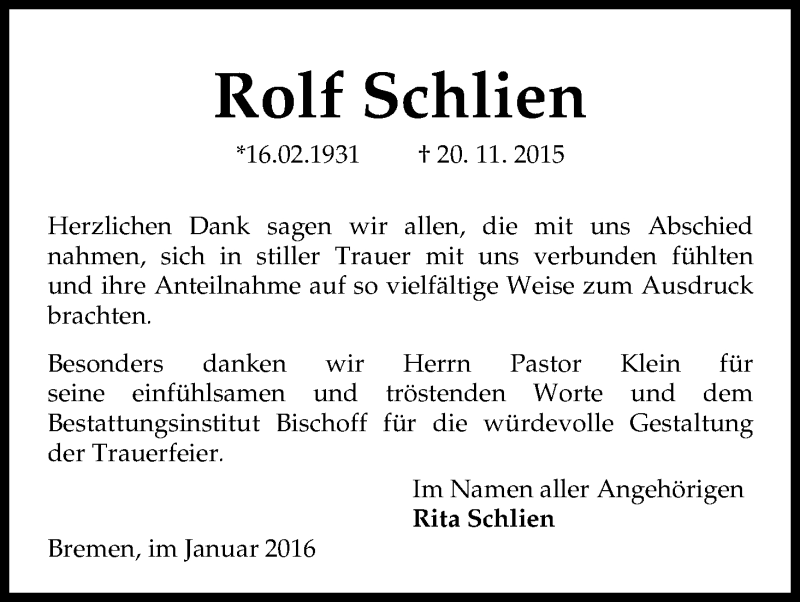 Traueranzeige von Rolf Schlien von Die Norddeutsche