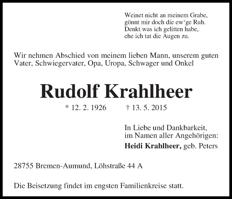 Traueranzeige von Rudolf Krahlheer von Die Norddeutsche