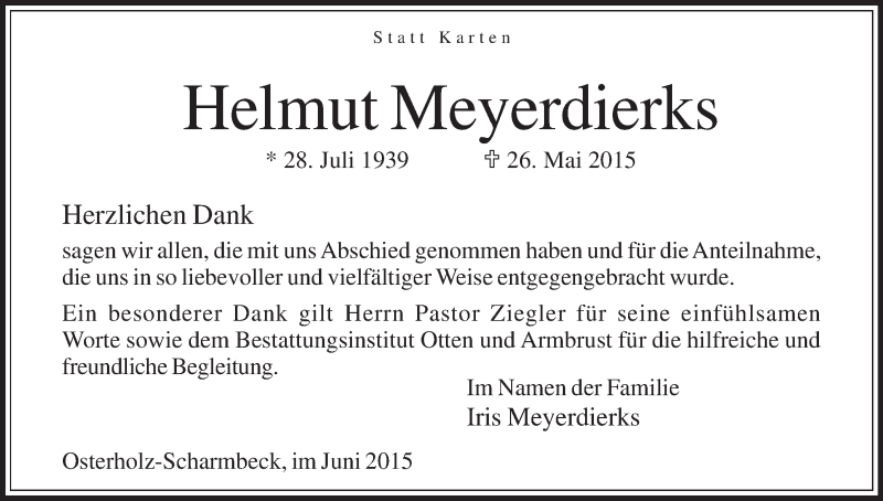 Traueranzeige von Helmut Meyerdierks von Osterholzer Kreisblatt