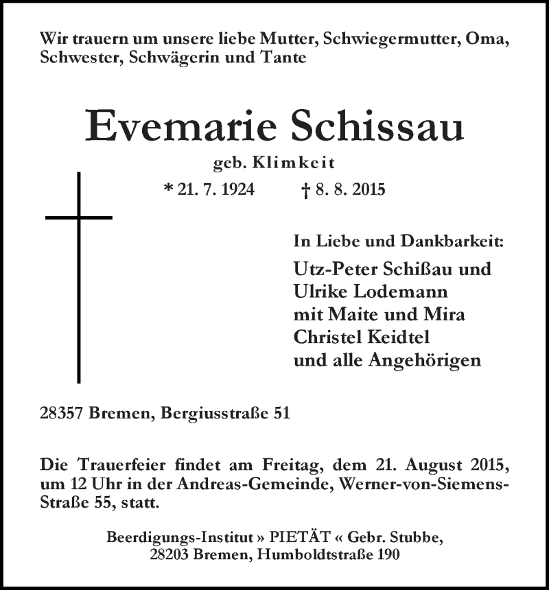 Traueranzeige von Evemarie Schissau von WESER-KURIER