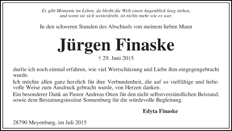 Traueranzeige von Jürgen Finaske von WESER-KURIER