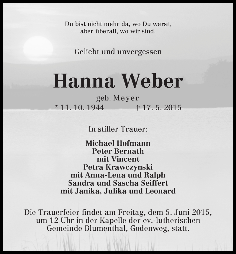 Traueranzeige von Hanna Weber von Die Norddeutsche
