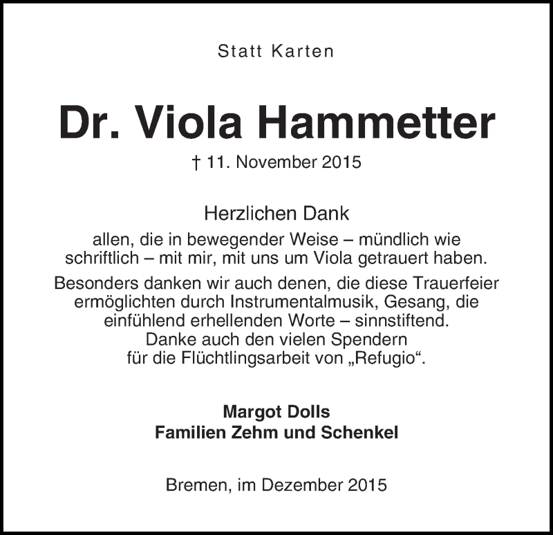 Traueranzeige von Viola Hammetter von WESER-KURIER