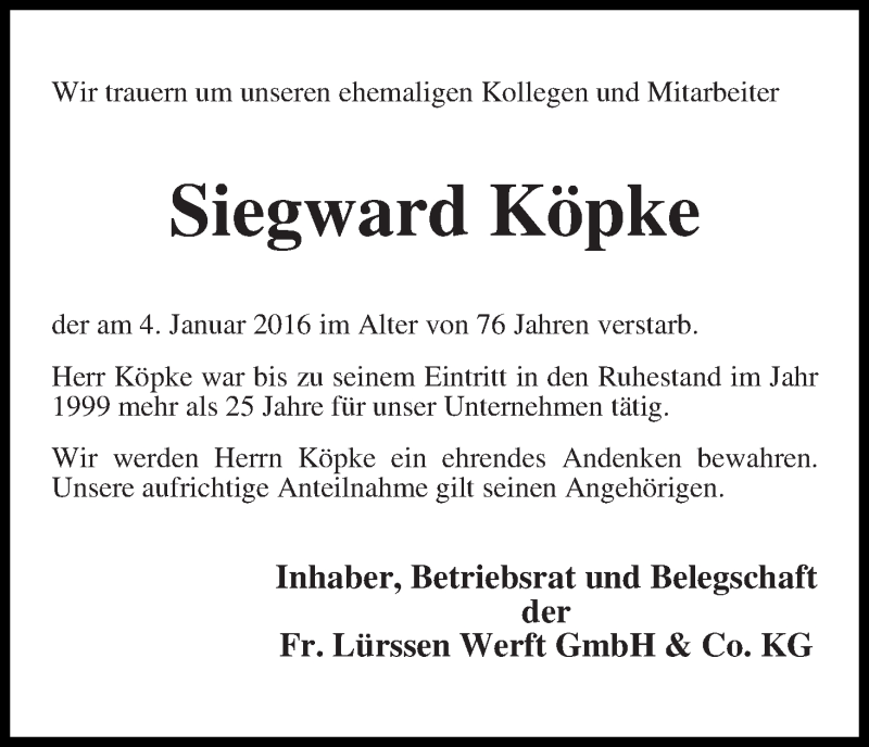 Traueranzeige von Siegward Köpke von Die Norddeutsche