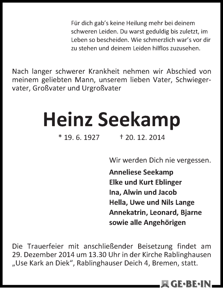Traueranzeige von Heinz Seekamp von WESER-KURIER