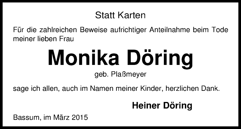 Traueranzeige von Monika Döring von WESER-KURIER