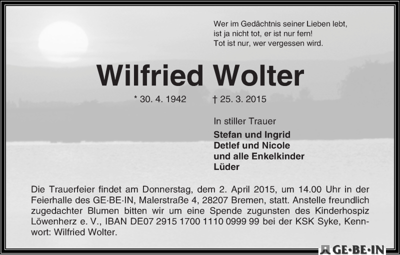 Traueranzeige von Wilfried Wolter von WESER-KURIER