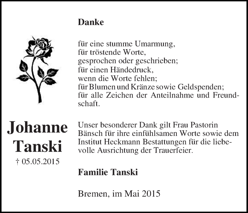 Traueranzeige von Johanne Tanski von Die Norddeutsche