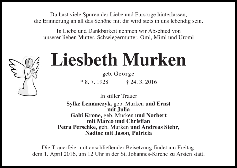 Traueranzeige von Liesbeth Murken von WESER-KURIER