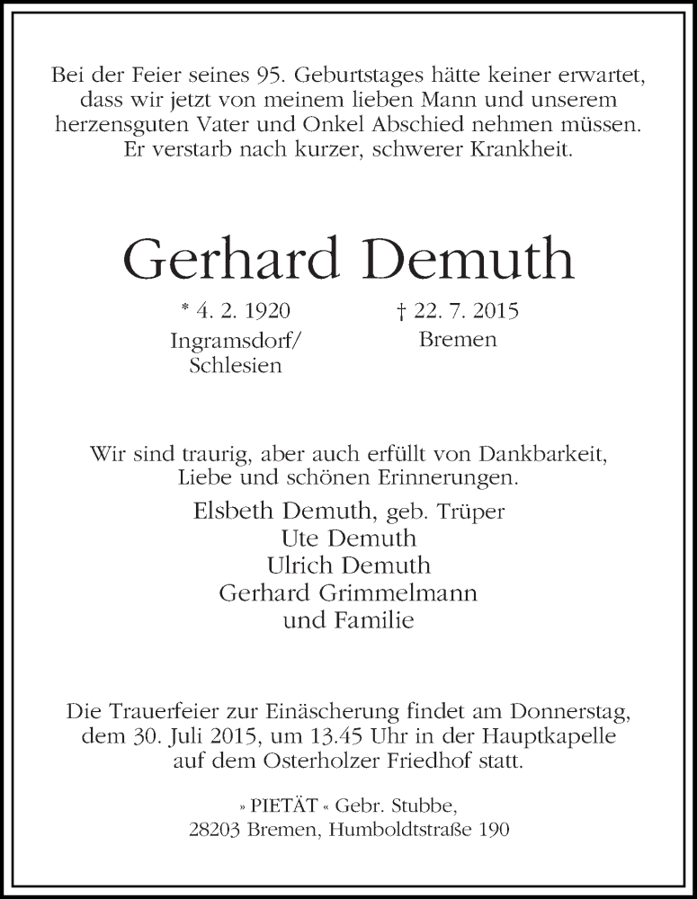Traueranzeige von Gerhard Demuth von WESER-KURIER