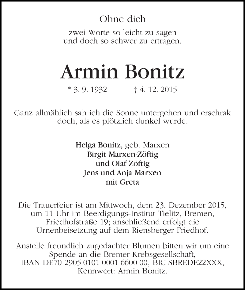 Traueranzeige von Armin Bonitz von WESER-KURIER