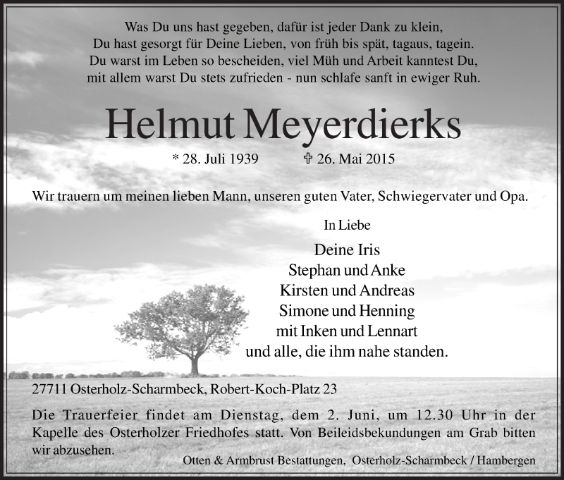 Traueranzeige von Helmut Meyerdierks von Osterholzer Kreisblatt