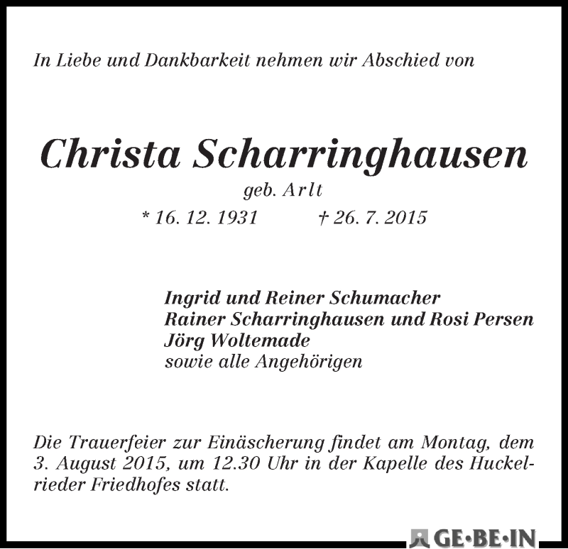 Traueranzeige von Christa Scharringhausen von WESER-KURIER