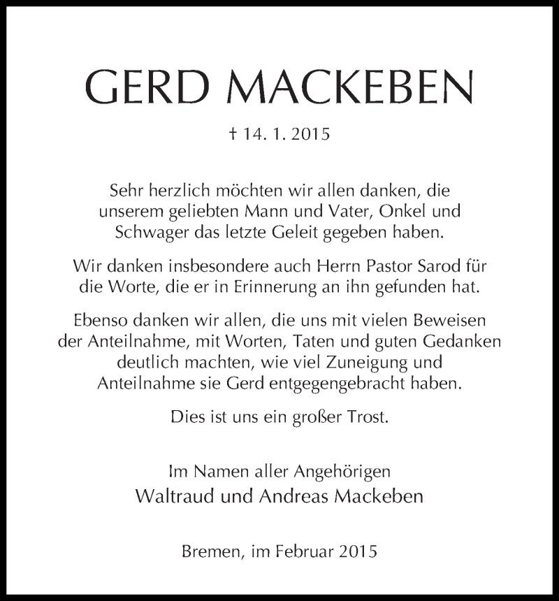 Traueranzeige von Gerd Mackeben von WESER-KURIER