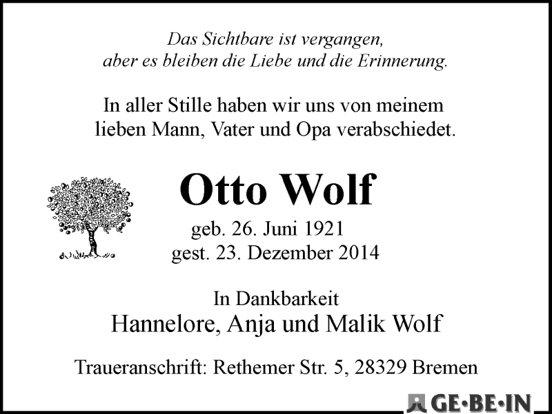 Traueranzeige von Otto Wolf von WESER-KURIER