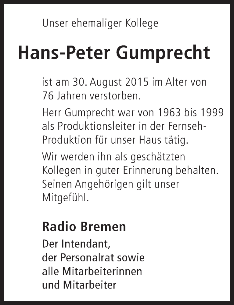 Traueranzeige von Hans-Peter Gumprecht von WESER-KURIER