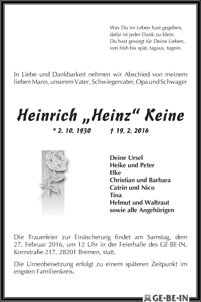 Traueranzeige von Heinrich (Heinz) Keine von WESER-KURIER