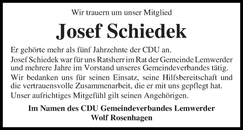 Traueranzeige von Josef Schiedek von Die Norddeutsche